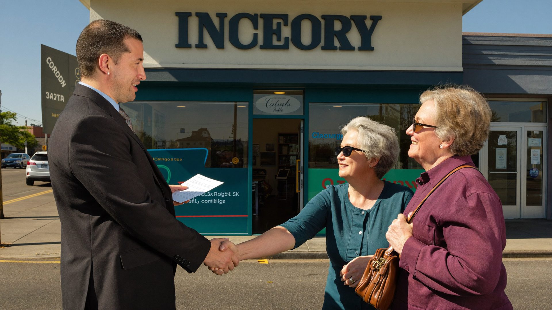 Advisor greeting an older couple at the door of the Kelmeg & Associates office